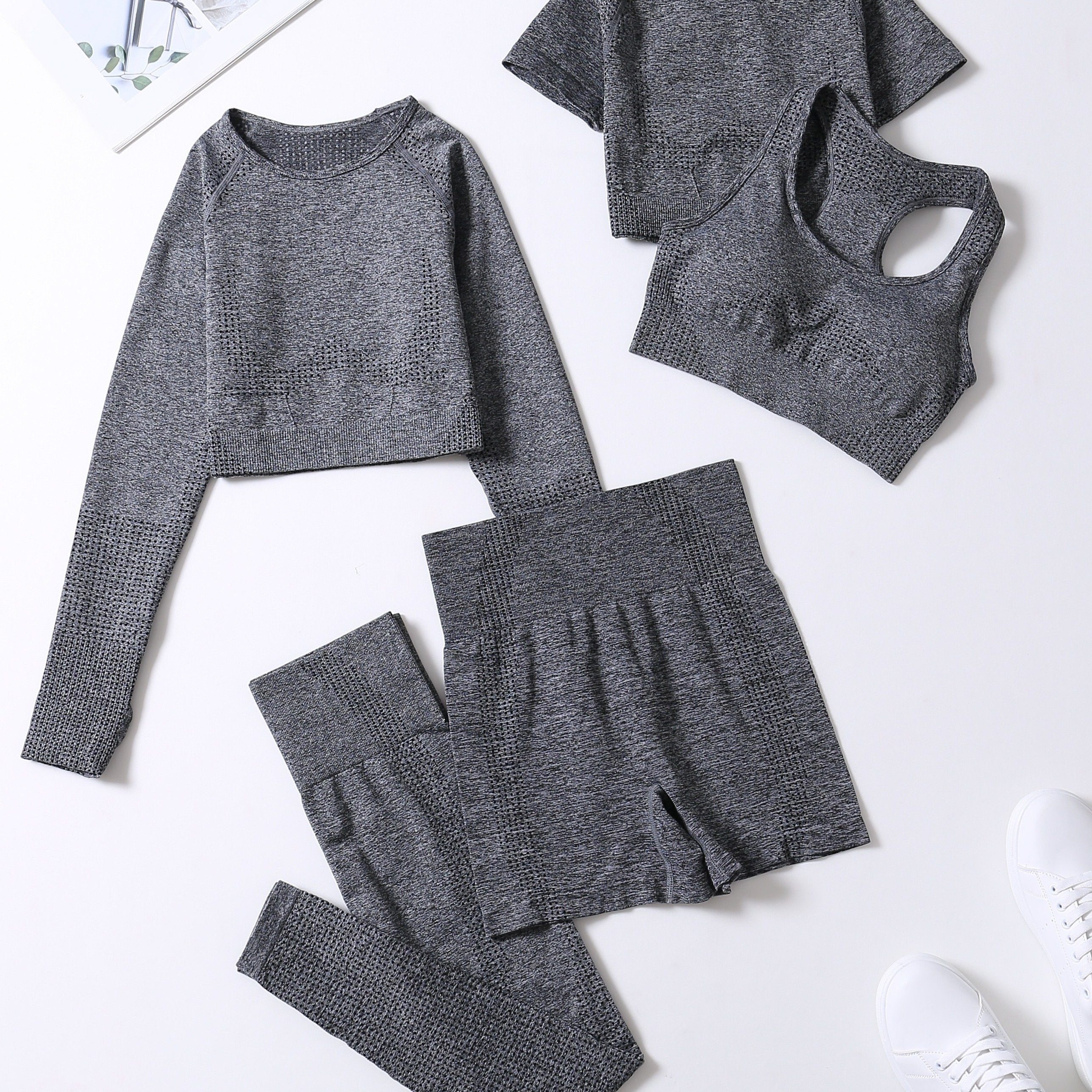 5pcs Workout Sets Crew Neck Sports Bra High Waist Shorts Leggings