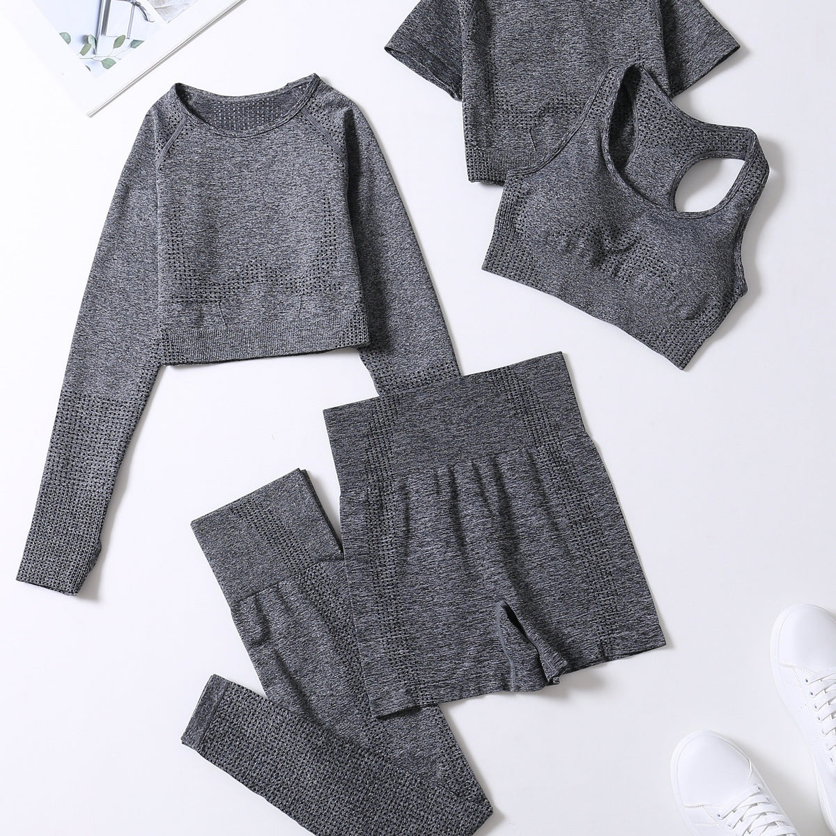 5pcs Workout Sets Crew Neck Sports Bra High Waist Shorts Leggings