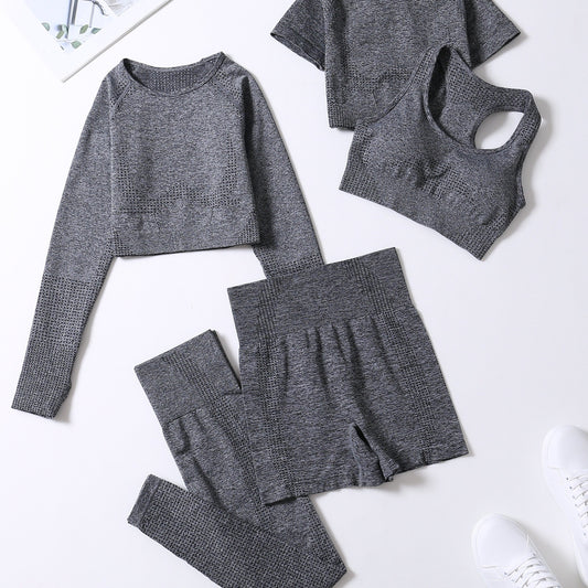 5pcs Workout Sets Crew Neck Sports Bra High Waist Shorts Leggings