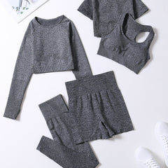 5pcs Workout Sets Crew Neck Sports Bra High Waist Shorts Leggings