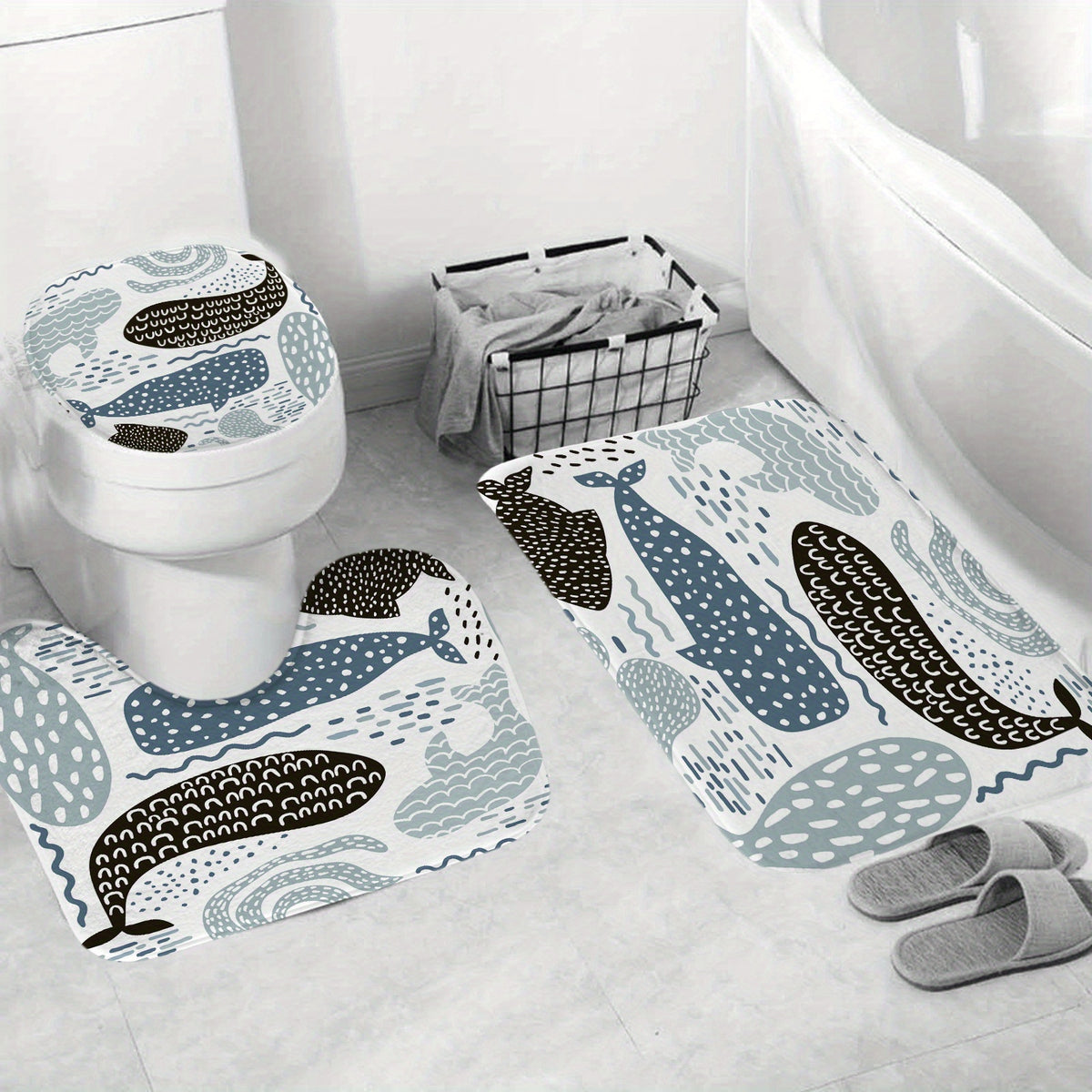 Whale Shower Curtain Set Fun Ocean Cartoon Bathroom Curtain Polyester Curtain