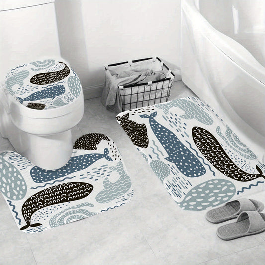 Whale Shower Curtain Set Fun Ocean Cartoon Bathroom Curtain Polyester Curtain