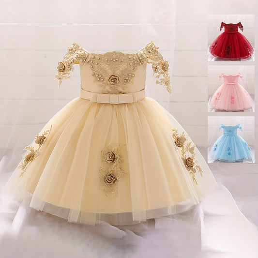 Baby Girls Gown Dress Floral Embroidery Off The Shoulder Mesh Princess Dress
