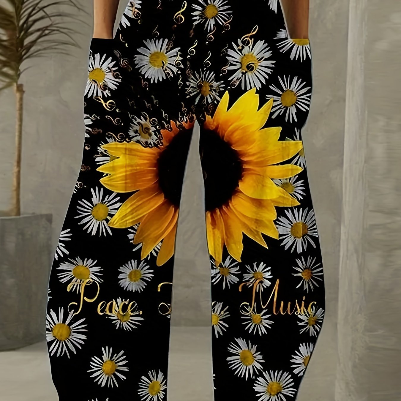 Women's Plus Sunflower Print Wide Leg Pants With Pockets