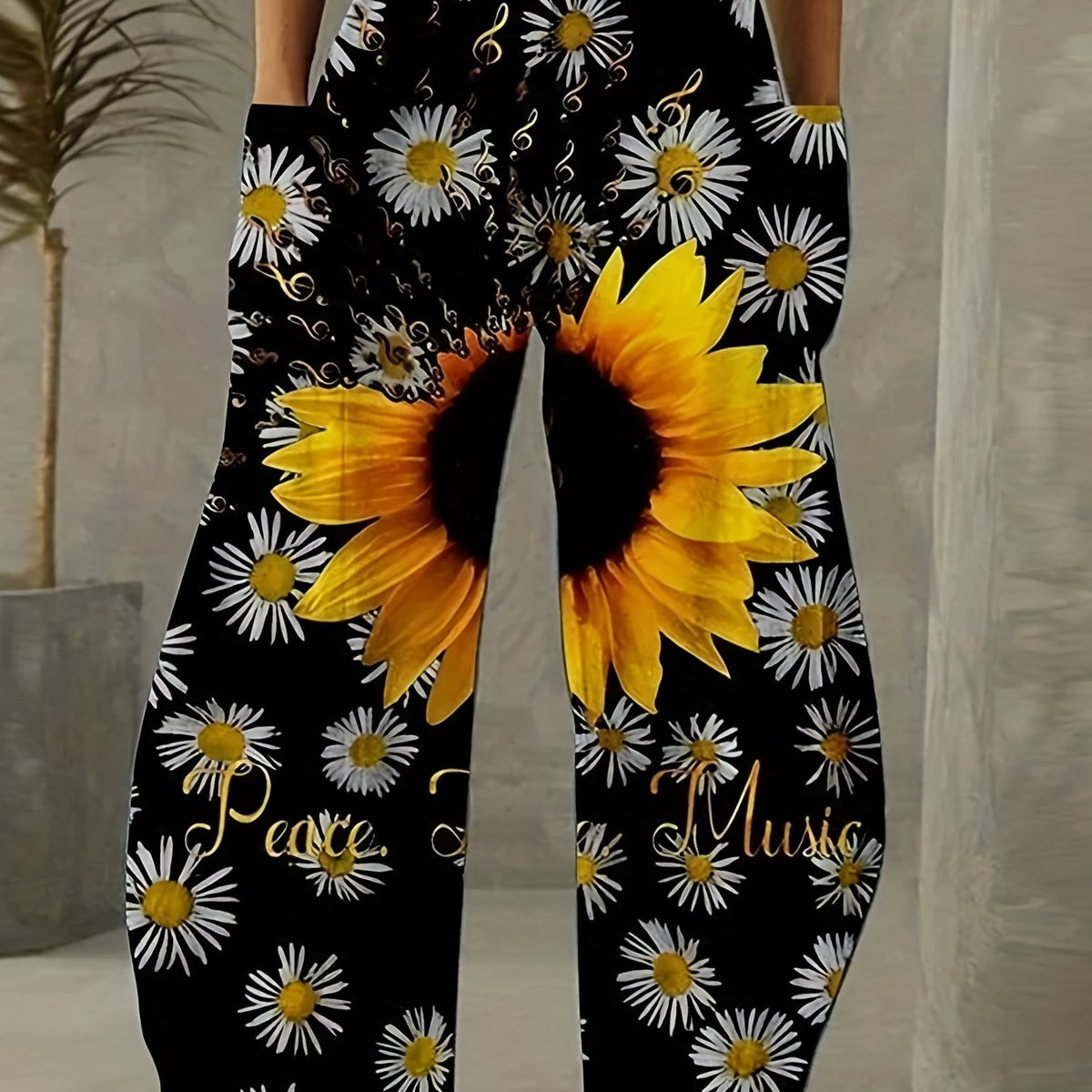 Women's Plus Sunflower Print Wide Leg Pants With Pockets