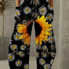 Women's Plus Sunflower Print Wide Leg Pants With Pockets