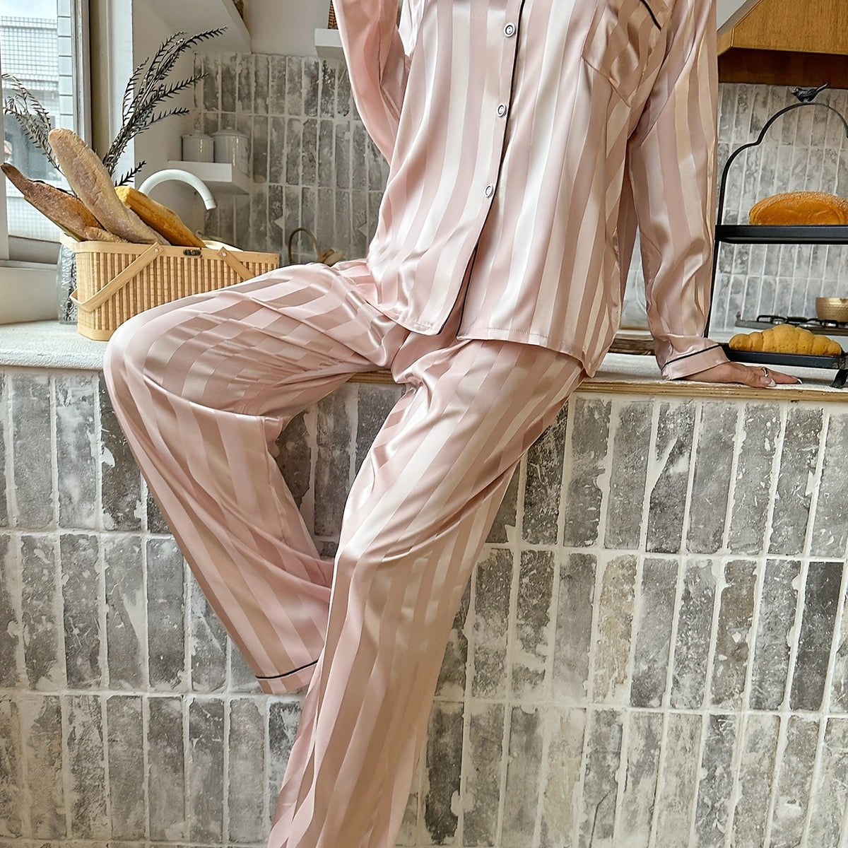 Striped Satin Lounge Set Long Sleeve Top & Pants Women's Loungewear