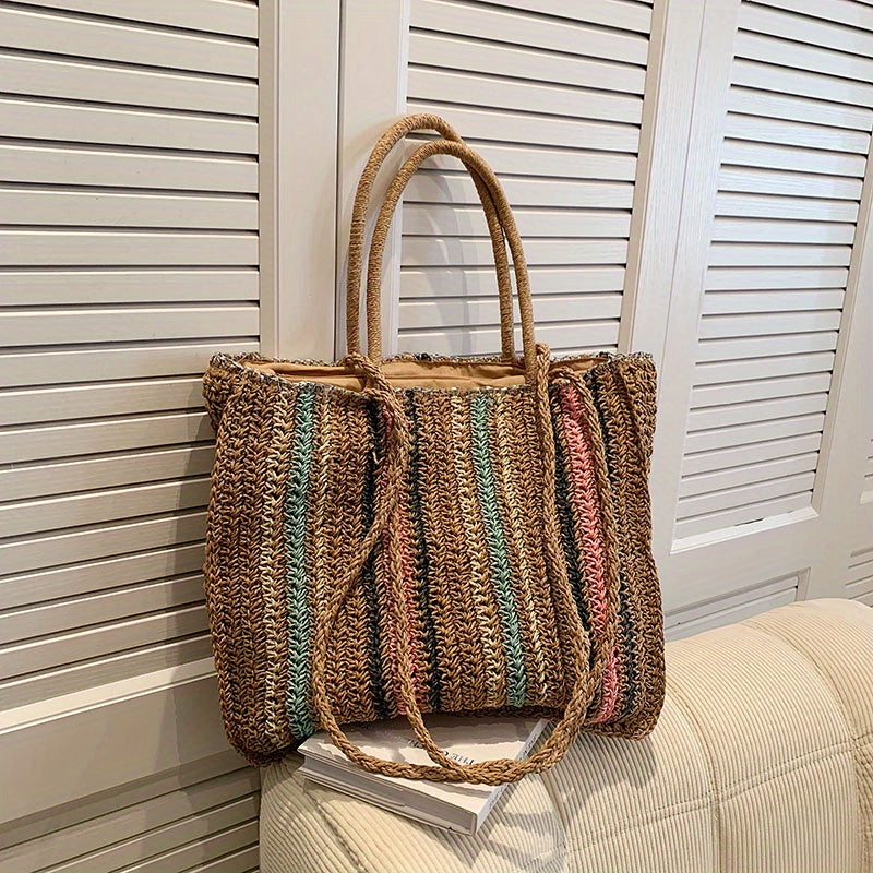 Rainbow Straw Beach Bag Colorblock Shoulder Bag For Travel Vacation