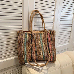 Rainbow Straw Beach Bag Colorblock Shoulder Bag For Travel Vacation