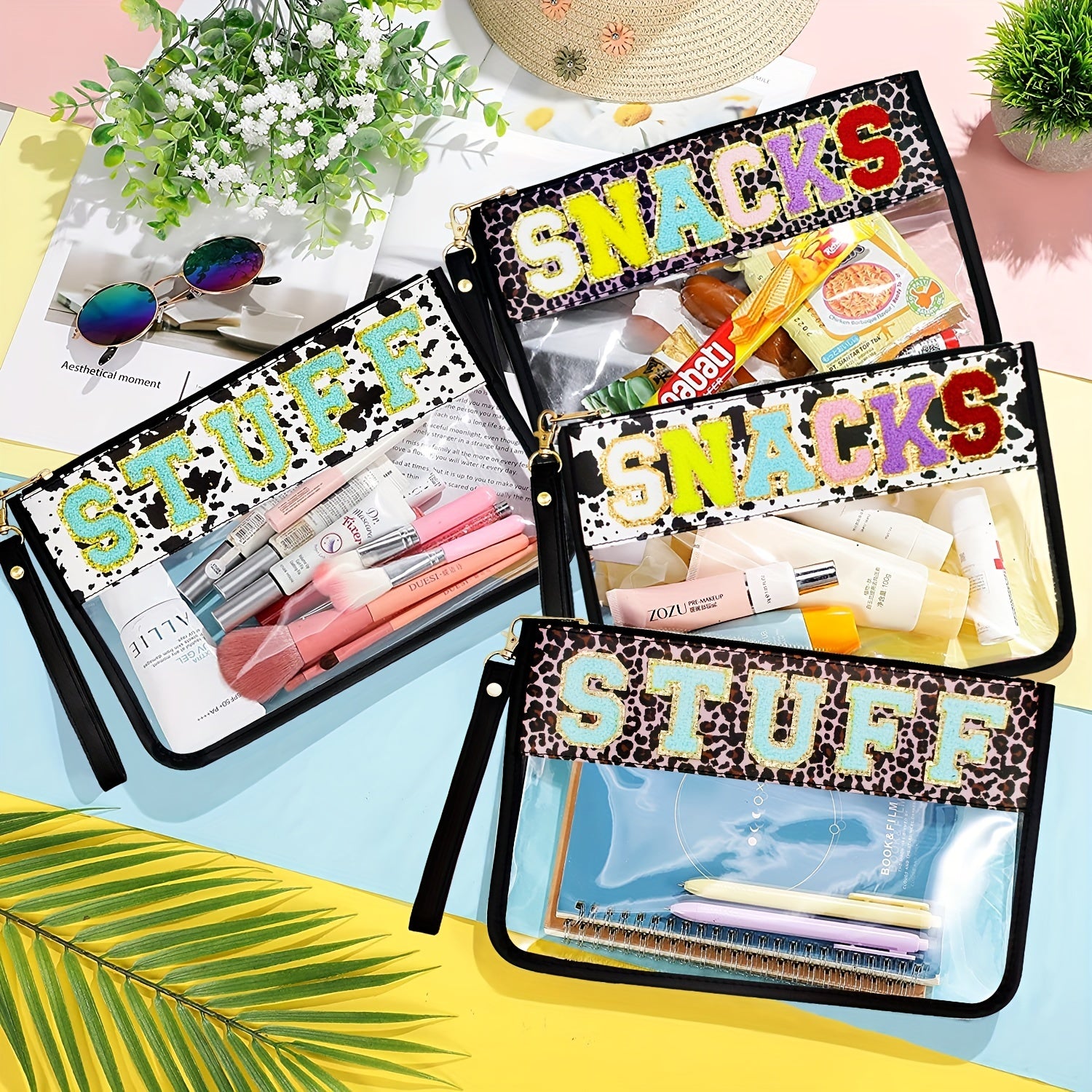 Clear Embroidered Letter Makeup Bag Preppy Patch PVC Waterproof Clutch