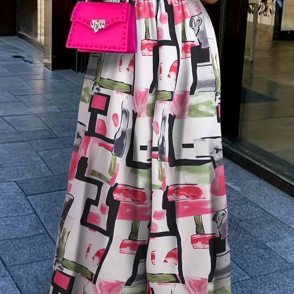Print Elastic High Rise Wide Leg Trousers