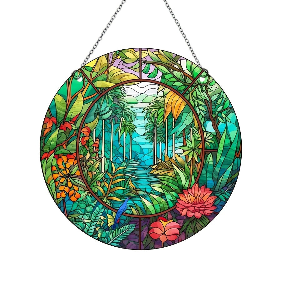 Acrylic Glass Coconut Tree Disc Ornament Jungle Flowers Plants Retro