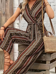 Ethnic Print Wide Leg Jumpsuit Boho Tie Waist V neck Jumpsuit