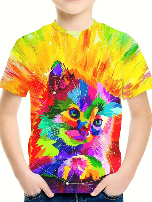 3D Rainbow Tie Dye Kitty Graphic Short Sleeve T shirt For Girls boys