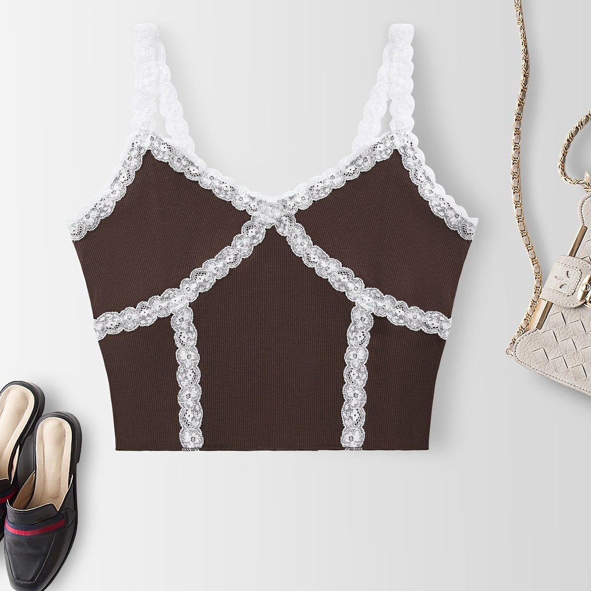 Lace Ribbed Spaghetti Strap Top V neck Cami
