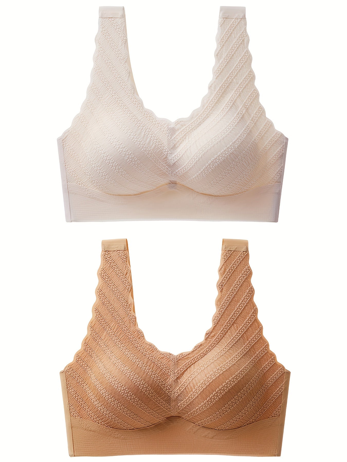 2pcs Scallop Trim Wireless Bras Comfy & Breathable Push Up Bra