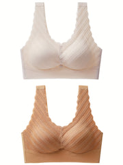 2pcs Scallop Trim Wireless Bras Comfy & Breathable Push Up Bra