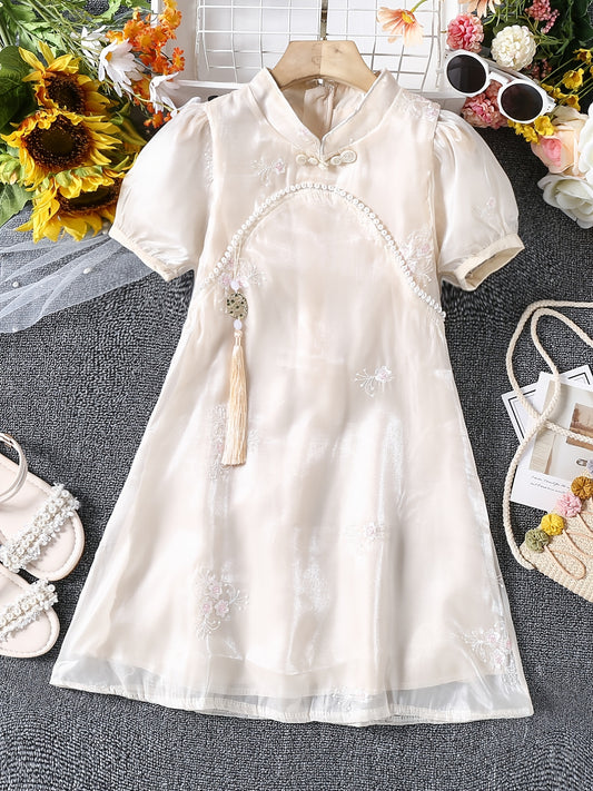 Girls Vintage Cheongsam Dress Faux Pearl Embroidered Summer Party Clothes