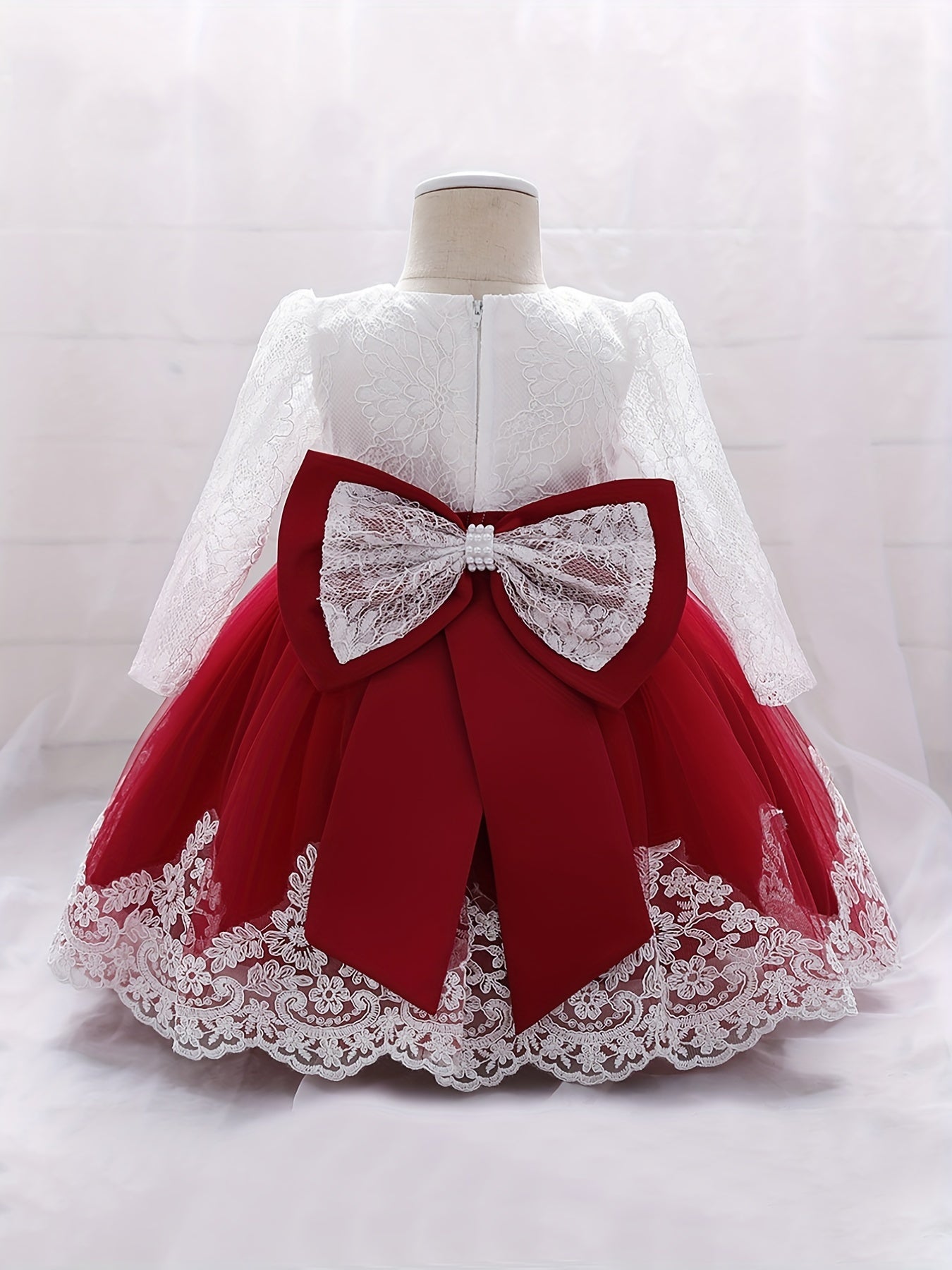 Girls Lace Long Sleeve Puffy Princess Dress With Bow