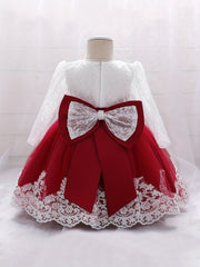 Girls Lace Long Sleeve Puffy Princess Dress With Bow