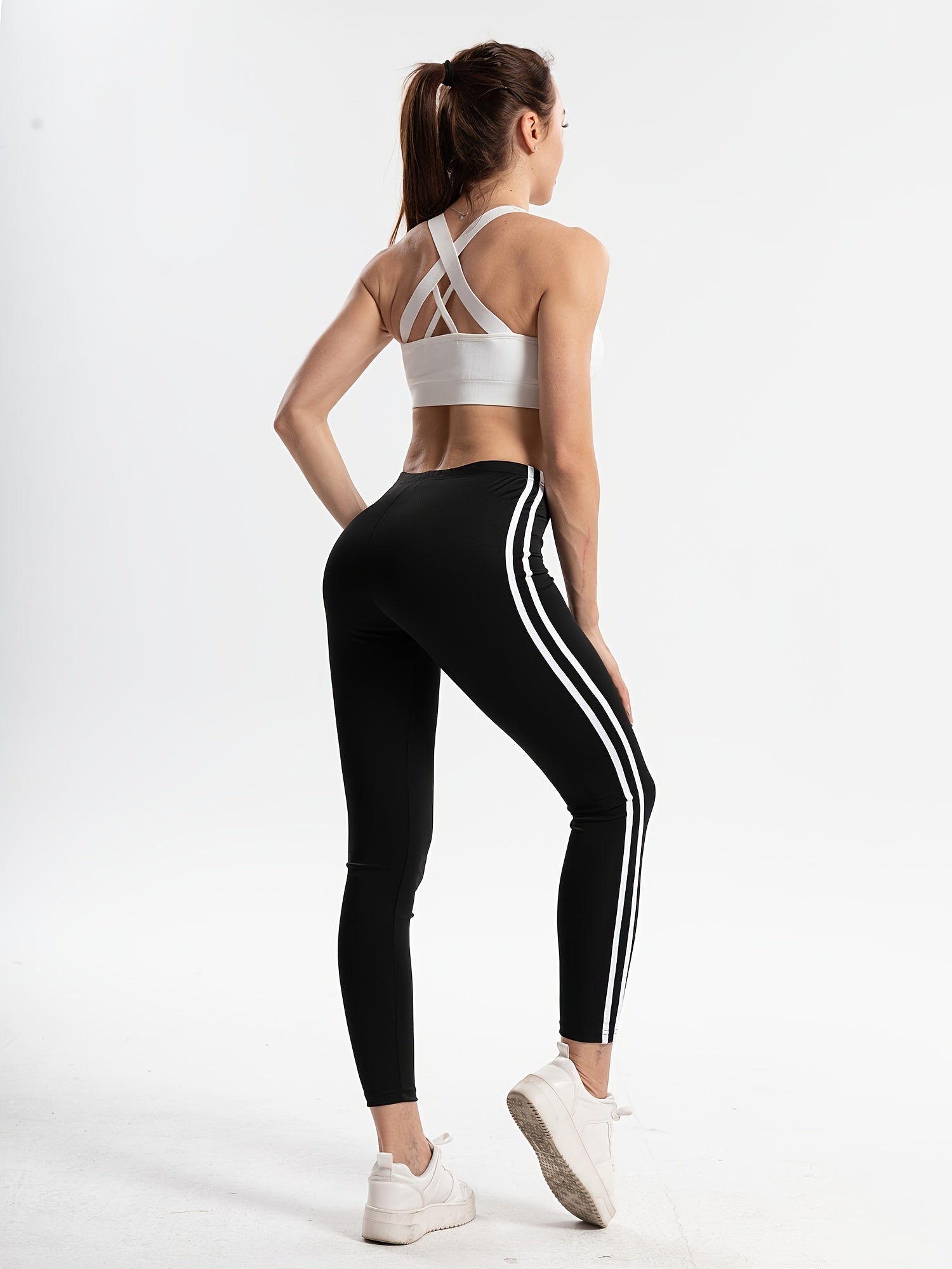High Waist Yoga Leggings with Vertical Stripes for Sports