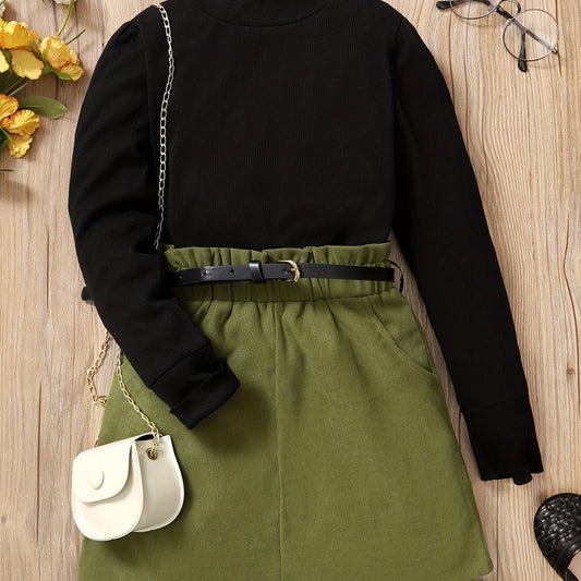 Girls Stylish Pullover Top & Skirt Set With Belt