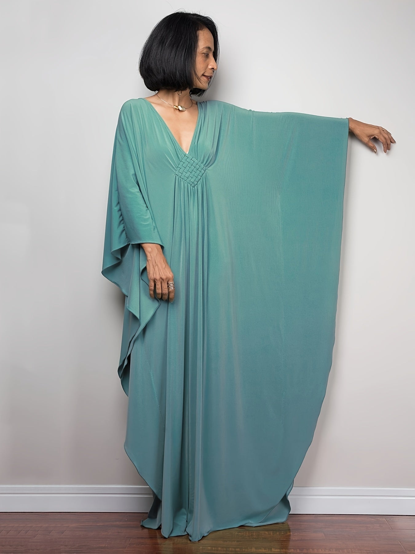 Boho Cover Up Plus Size Solid Batwing Sleeve V Neck Beach Dress