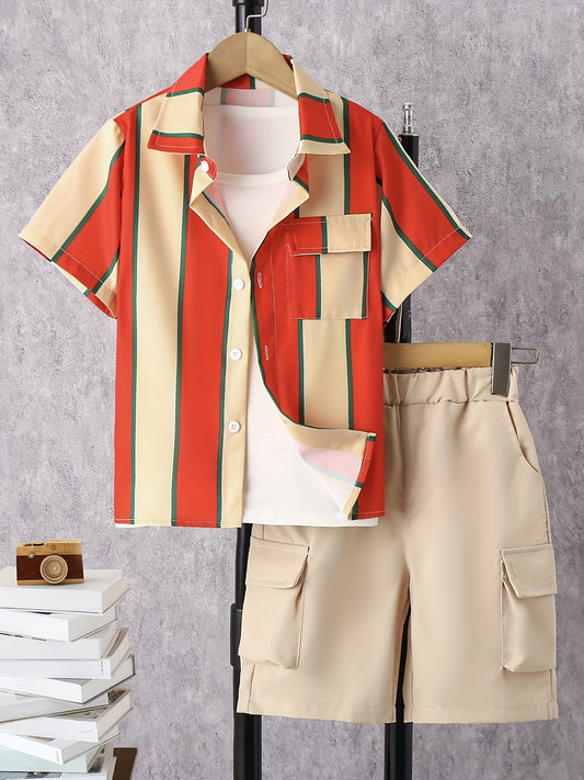 2pcs Boys Teen Casual Striped Shirt & Shorts Set for Summer