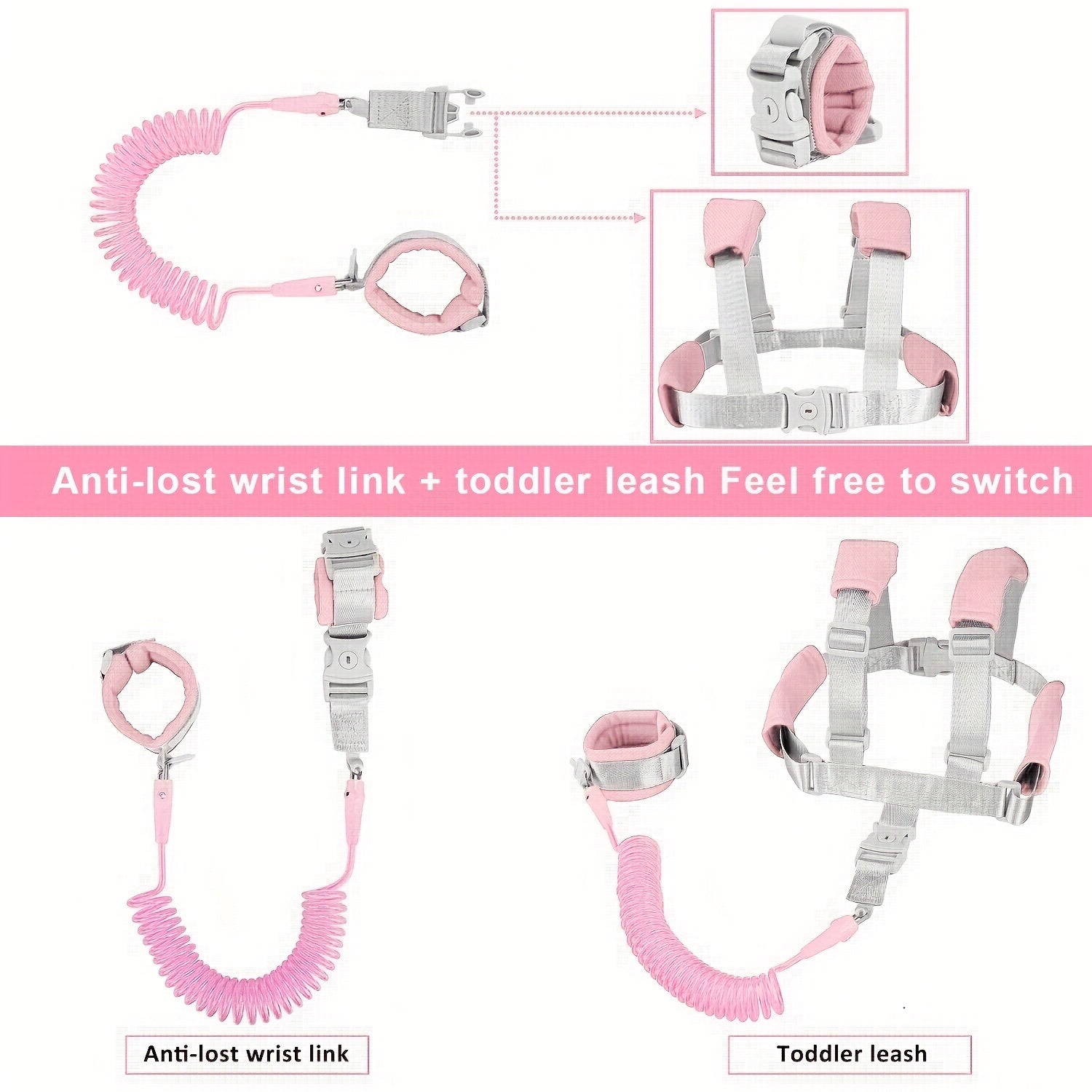 2-In-1 Pink Toddler Leash & Wrist Link - 2.5m Length