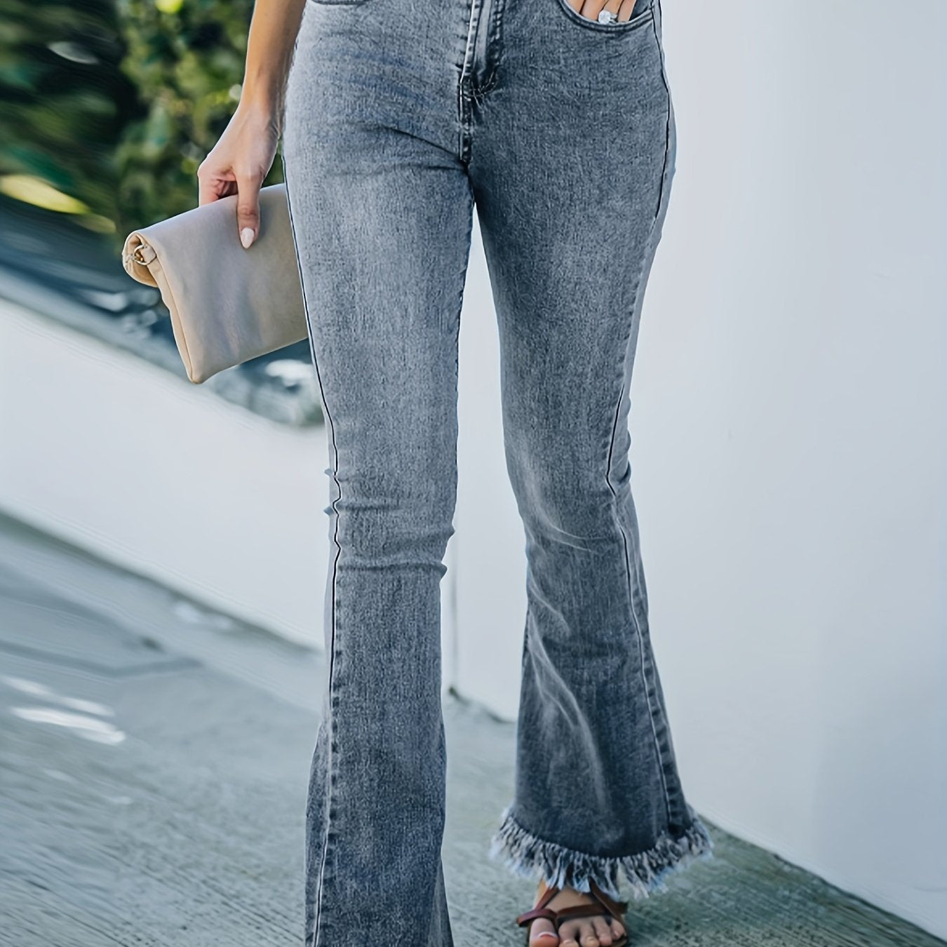  Solid High Rise Fringe Trim Flared Skinny Jeans