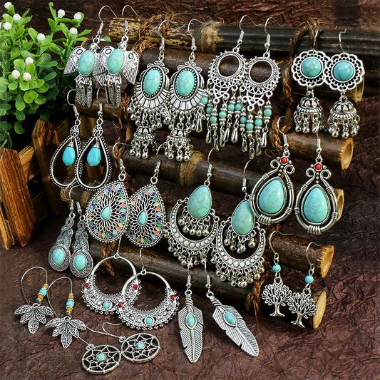 Vintage Silver Turquoise Women's Dangle Earrings Boho Style