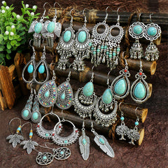 Vintage Silver Turquoise Women's Dangle Earrings Boho Style