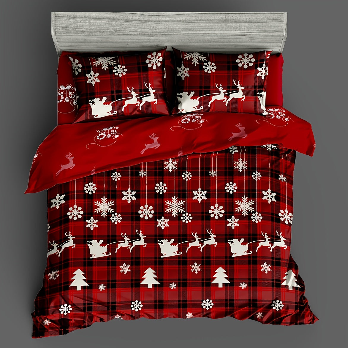 Christmas Themed Duvet Cover Set Checkered Elk Snowflake Print Soft & Breathable
