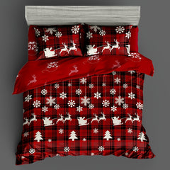 Christmas Themed Duvet Cover Set Checkered Elk Snowflake Print Soft & Breathable