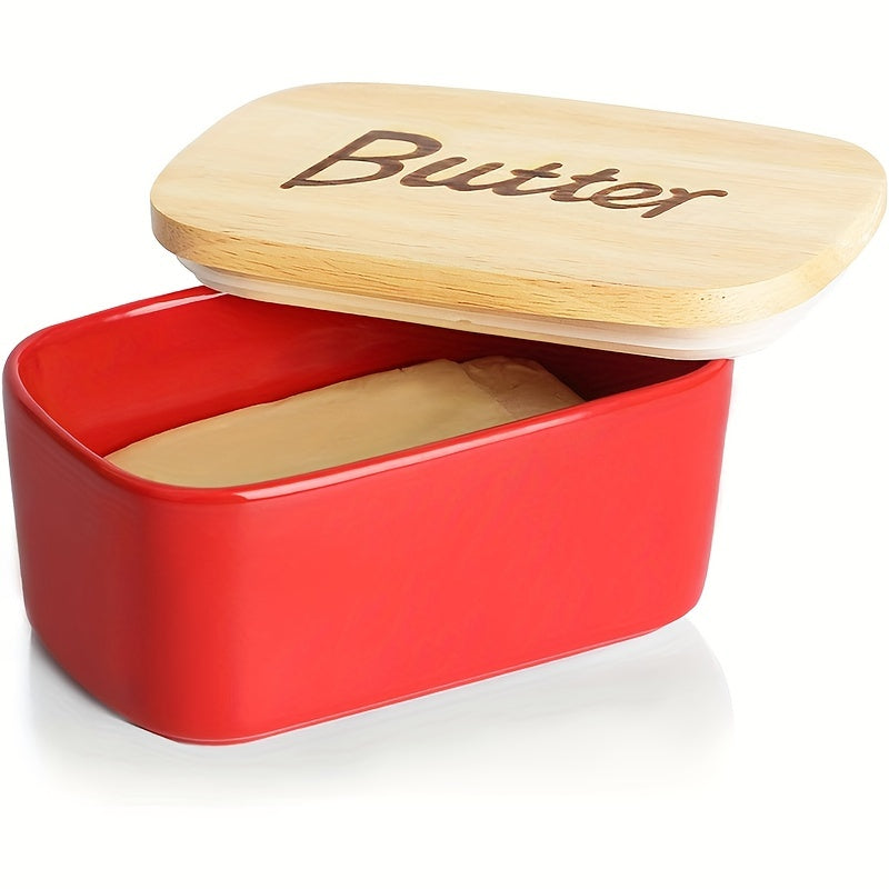 Ceramic Butter Box With Wooden Lid Kitchen Storage Holder