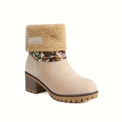 Ethnic Style Flower Pattern Chunky Snow Boots Plush Lined Thermal Snow Shoes