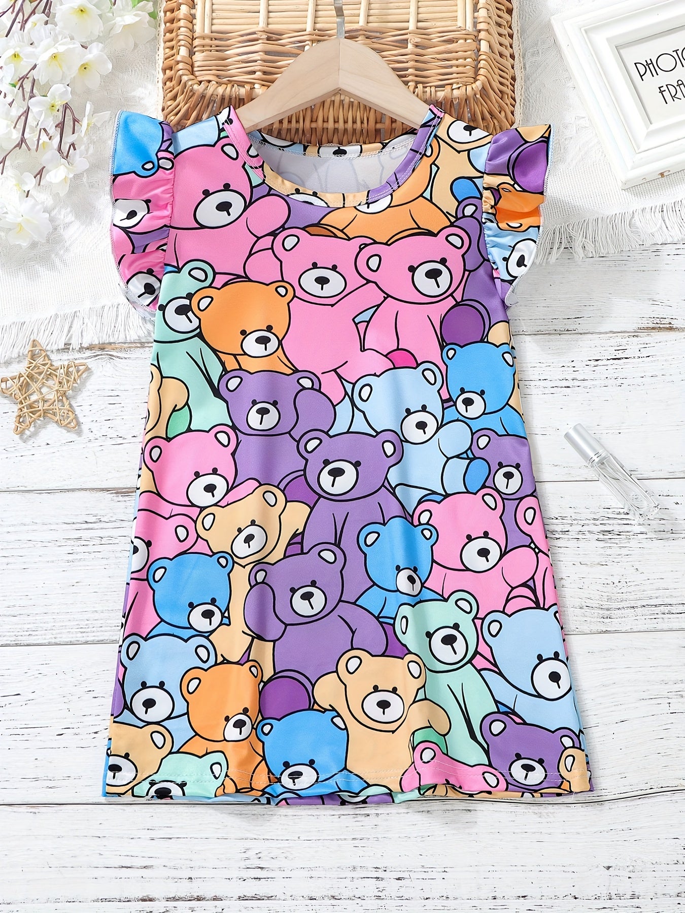 Girls Cat Pattern Flying Sleeve Round Neck Casual Vacation Dress