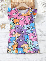 Girls Cat Pattern Flying Sleeve Round Neck Casual Vacation Dress
