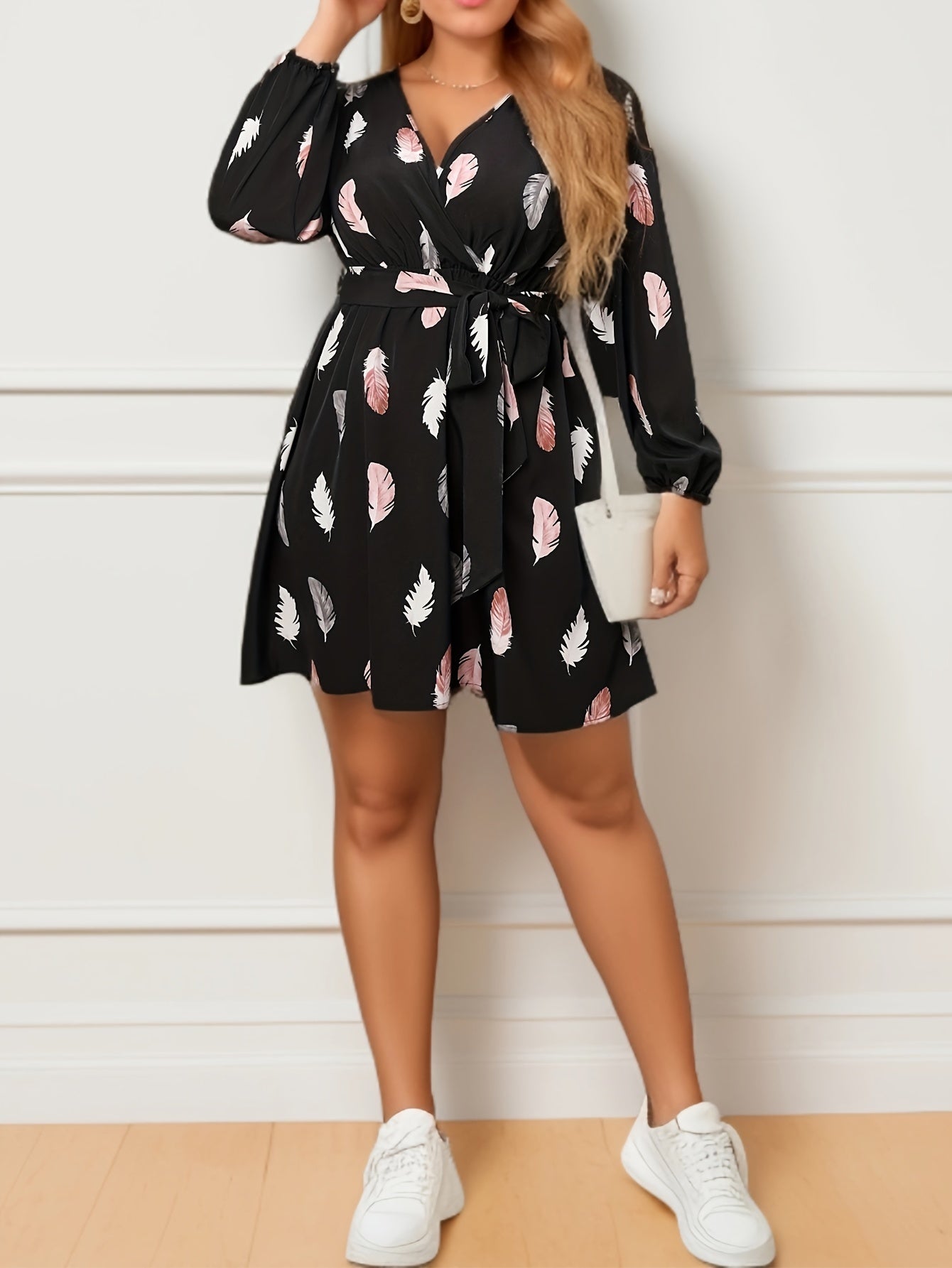 Feather Print Lantern Sleeve Mini Dress With Belt