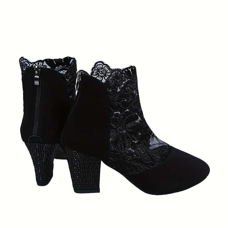 Floral Lace Ankle Boots Pointed Toe Hollow Out Back Zipper Chunky Heels
