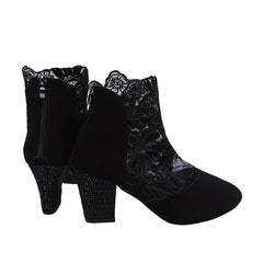 Floral Lace Ankle Boots Pointed Toe Hollow Out Back Zipper Chunky Heels