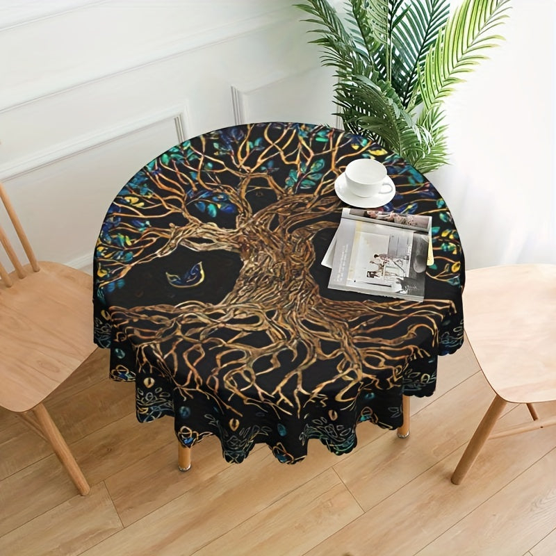 Round Polyster Table Cloth Tree Of Life Pattern Water Repellent Circle Table Cov