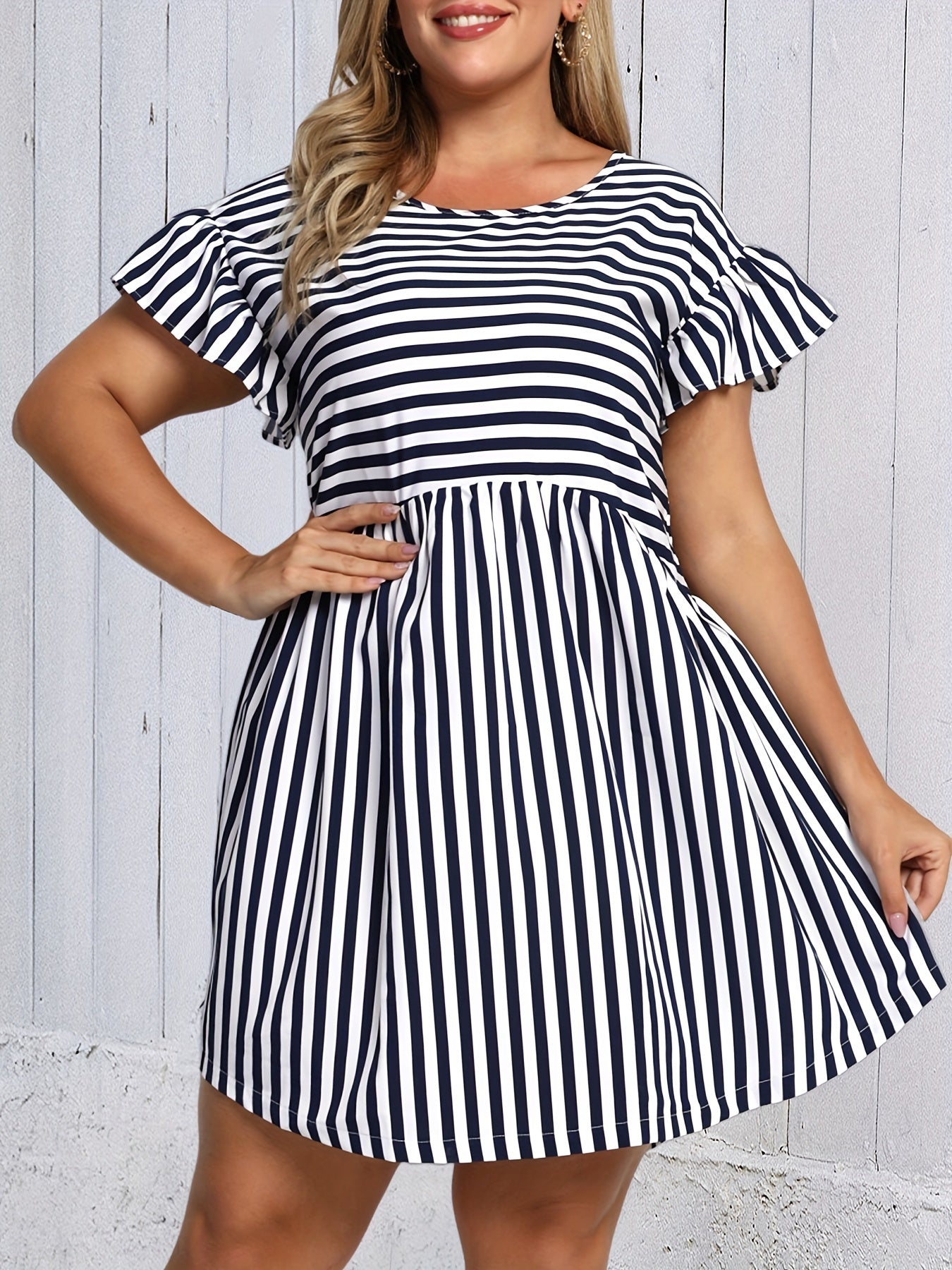  Stripe Print Ruffle Trim Mini Dress
