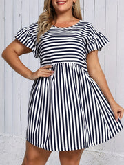  Stripe Print Ruffle Trim Mini Dress