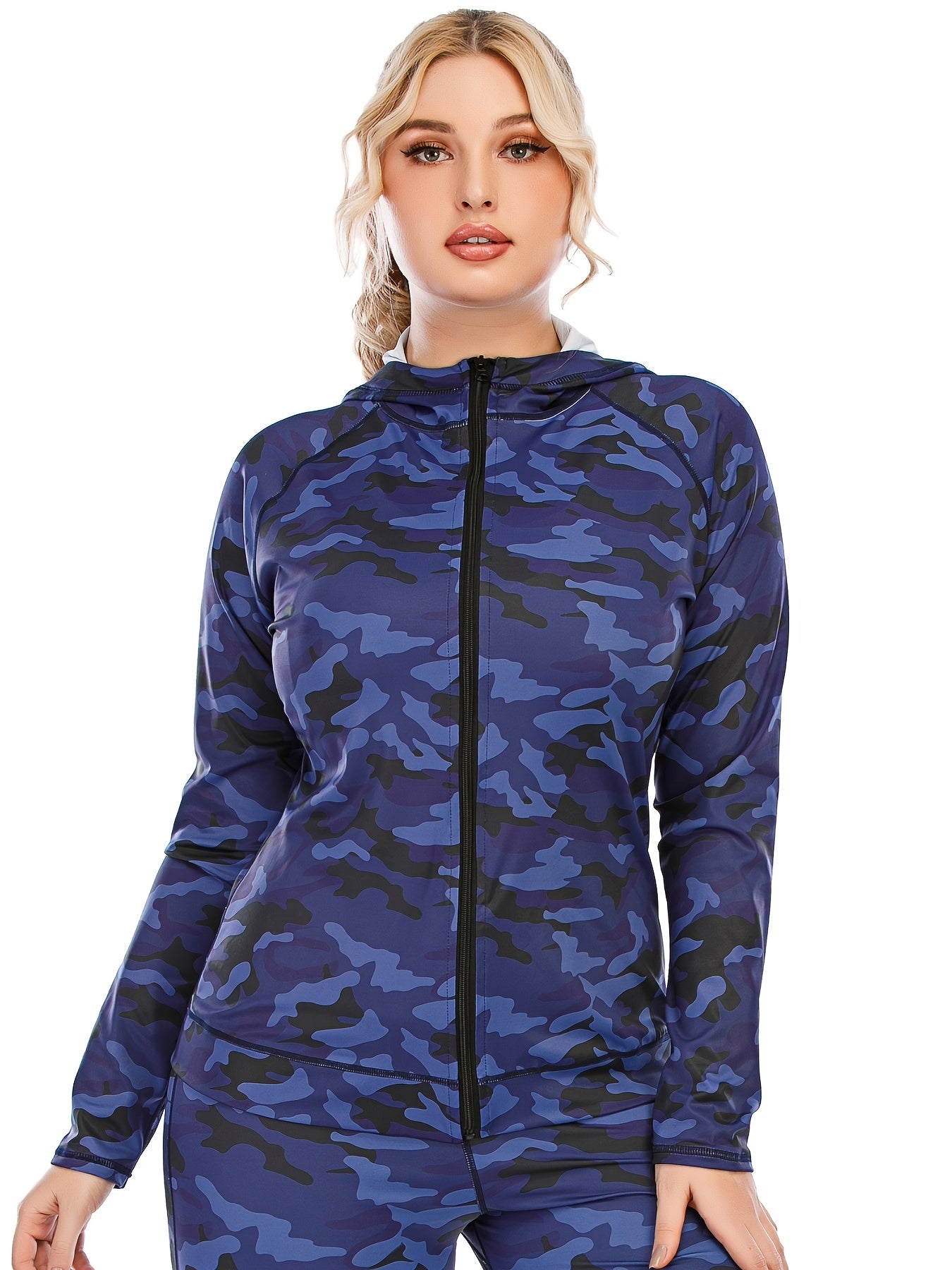  Camo Print Zip Up Hoodie Activewear Women's Plus Long Sleeve Coat