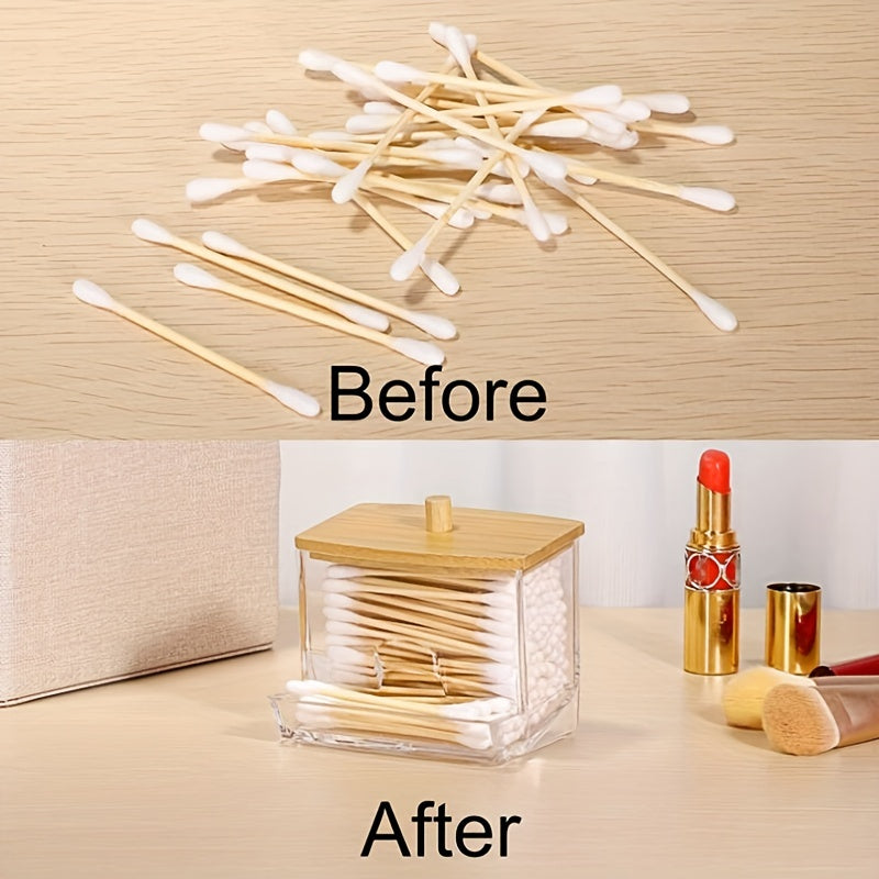 Acrylic Q Tip Dispenser with Bamboo Lid for Bathroom