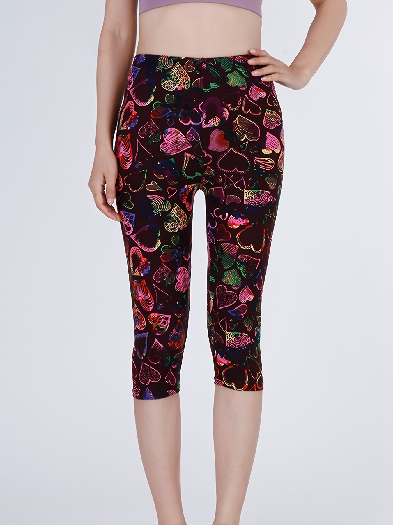 Heart Print Capris Leggings High Waist Elastic Bottoms
