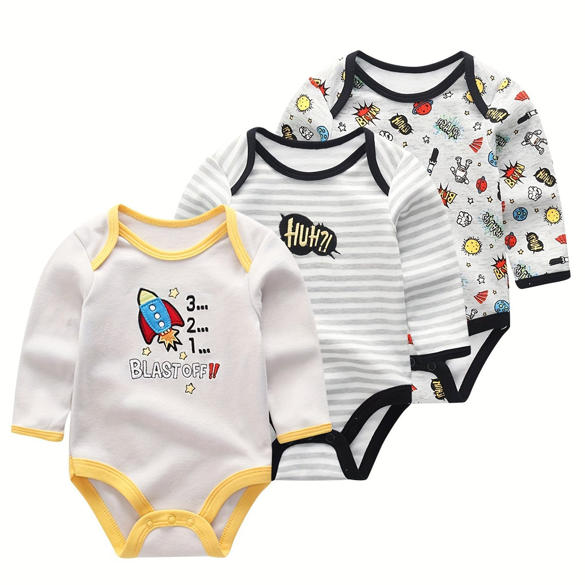 3Pcs Cartoon Long-sleeved Baby Bodysuits Cotton 0-12M Jumpsuits