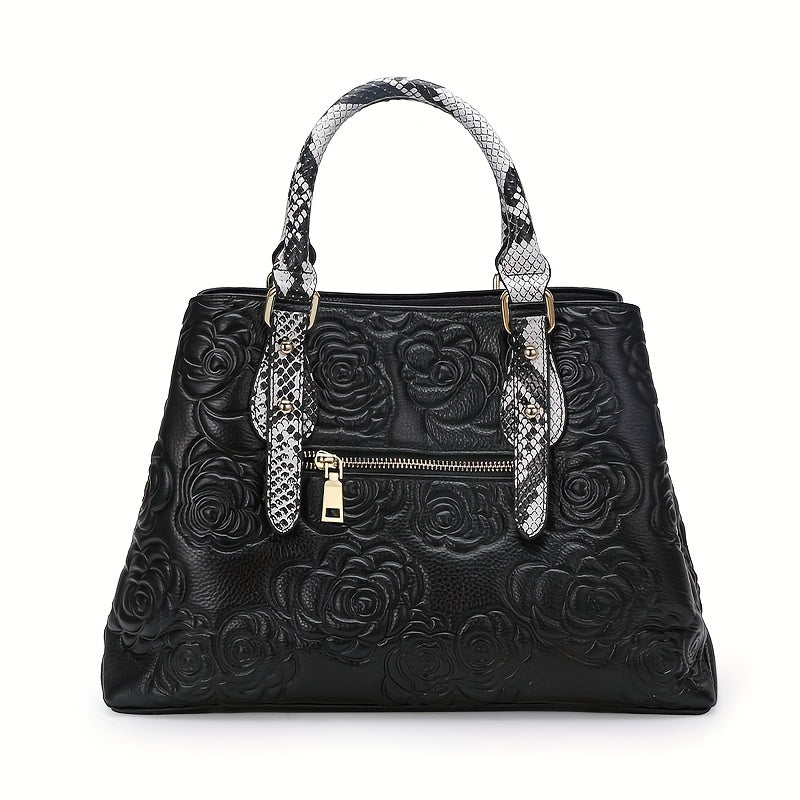 Floral Embossed Leather Tote Bag with Snake Print Handles