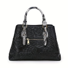 Floral Embossed Leather Tote Bag with Snake Print Handles